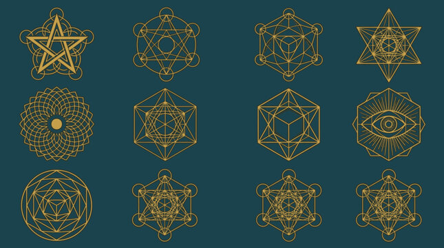 Eine Sammlung von goldenen geometrischen Symbolen und heiligen Formen auf einem dunklen t&uuml;rkisfarbenen Hintergrund, die Spiritualit&auml;t und Mystik darstellen.