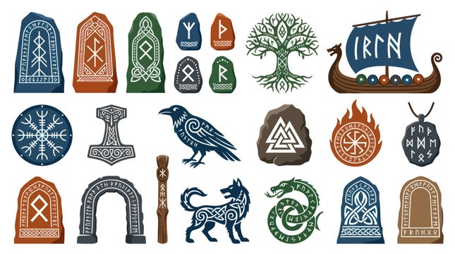Viking and Norse Mythology Symbols Vector Set: Runes, Runestones, Yggdrasil, Mjolnir, Longship, Raven, Wolf Illustrations