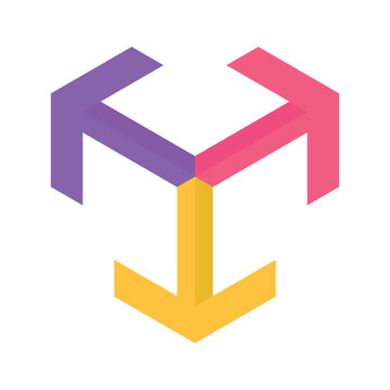 Vector illustration of an abstract isometric symbol with three arrows spreading from the center in purple, pink and yellow. Geometric graphic element isolated on white background.