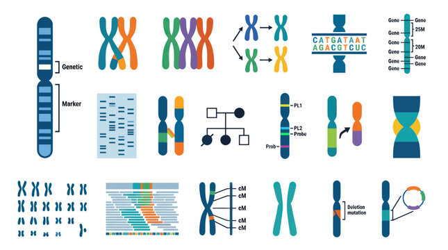 Biology Genetics Chromosome DNA Gene Research Flat Vector Icons Set. Medical Genomics Marker Pedigree Karyotype Diagram