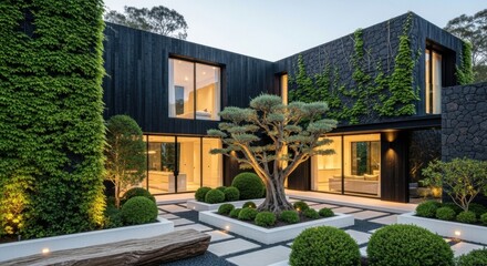 Fototapeta premium Modern Luxury Black Wooden House with Zen Garden Landscaping