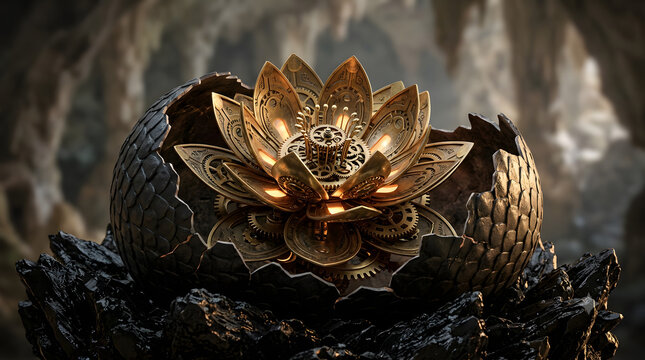 Mechanical lotus blooms from dragon egg cracking obsidian nest