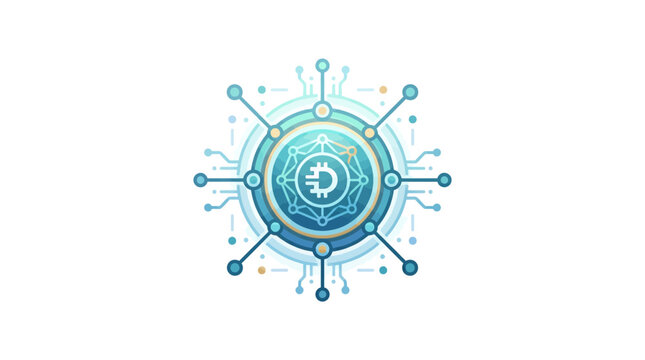A digital cryptocurrency coin icon surrounded by a complex network of interconnected nodes and data lines.