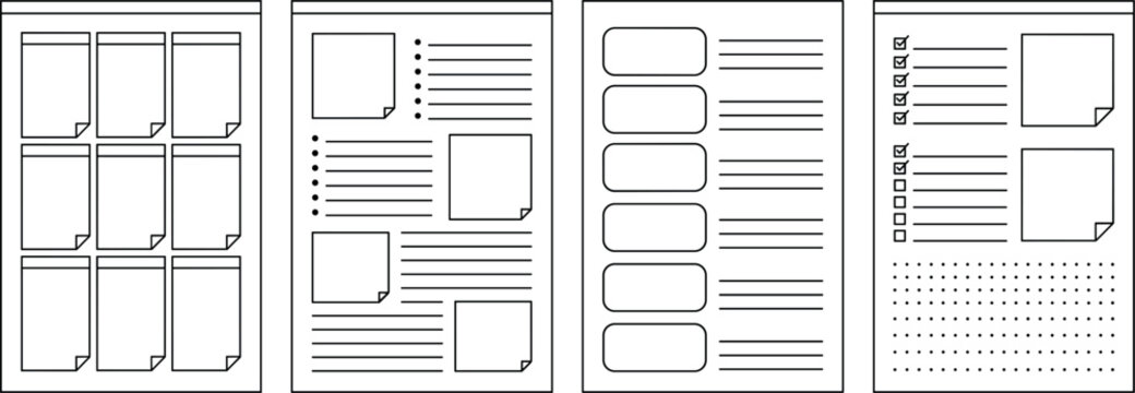 Daily Planner and Bullet Journal Layout Page Vector Template Set with Note Blocks, Checklist Lines, Sticky Note Elements, and Dotted Grid Matrix