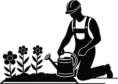 Silhouette gardener kneeling with watering can, nurturing flowering plants in soil, outdoor landscaping care, growth nature illustration design
