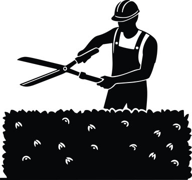 Silhouette gardener trimming hedge with large shears, outdoor landscaping maintenance scene, vegetation care, manual labor garden illustration design