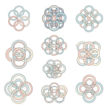Geometric vector patterns set featuring complex interlocking circles for infographic design elements