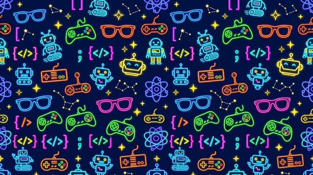 Geek and Nerd Culture Seamless Pattern with Robots Gamepads and Code Symbols