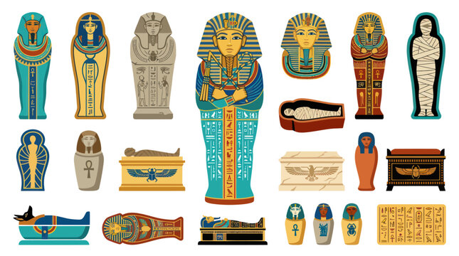 Ancient Egyptian Mummies, Sarcophagi, Coffins  Artifacts - Flat Vector Illustration Set for History  Culture