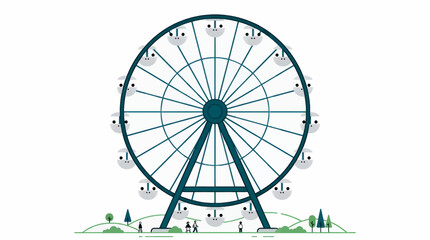 Flat Vector Illustration of a Teal Ferris Wheel with White Gondolas and Minimalist Green Landscape, Small Figures Walking Below, Simple Graphic Design, Amusement Park Scene © Alfa