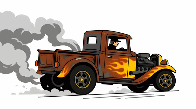 Flat Vector Illustration of a Rusty Hot Rod Truck with Flames and Smoke, Driver in Hat, White Background