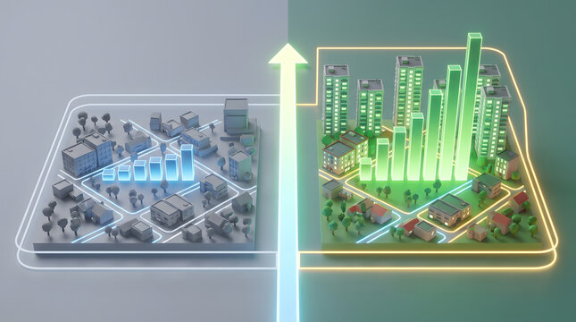 Smart city urban regeneration and real estate development concept with 3D isometric illustration of a split town layout displaying a before-after comparison with glowing growth charts