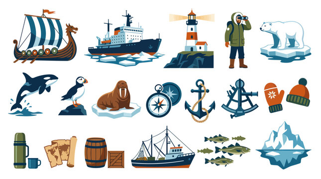 Flat Vector Arctic and Nautical Exploration Icons Set  Winter Travel and Wildlife Elements