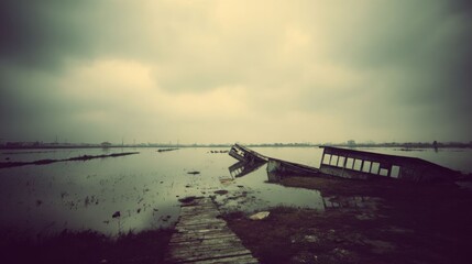 Obraz premium Submerged and broken boat wreckage with floating debris on murky water near an old wooden dock under an overcast sky.
