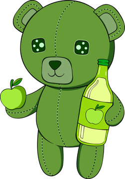 Green Teddy Bear Holding Apple and Cider Bottle