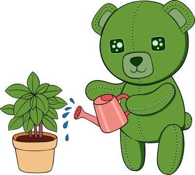 Green Teddy Bear Watering Plant