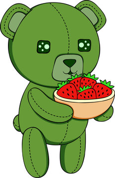 Green Teddy Bear Holding Strawberries