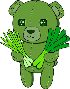 Green Bear Holding Spring Onions Illustration