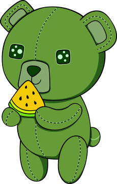 Green Teddy Bear Eating Watermelon Slice