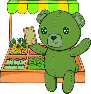 Teddy Bear Taking Selfie at Fruit Stand