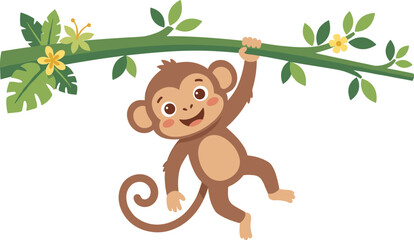 Cute cartoon monkey character swinging from a green jungle tree branch with tropical leaves and flowers vector illustration © MDNazmul