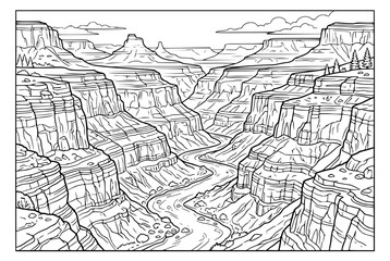 Obraz premium Grand Canyon Landscape with Winding River Coloring Page for Adults and Kids