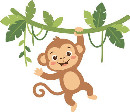 Cute cartoon monkey character swinging from a green jungle liana vine with tropical monstera leaves vector illustration