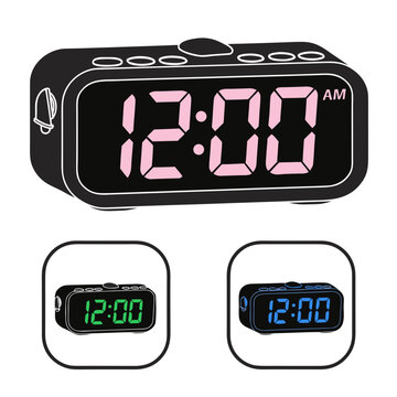 LED Digital Alarm Clock Flat Cartoon Vector &mdash; Black Casing Green LED Numerals Seven-Segment Display AM PM Button Snooze Glow, Blue Version Badge Icon &mdash; Electronic Timer, Alarm Device, Tech Icon UI