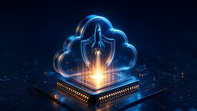 Secure cloud computing concept with glowing rocket and protective shield symbol launching from motherboard microchip