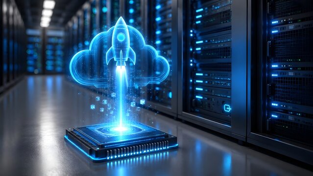 Glowing digital rocket launching from microchip cloud symbol inside modern data center server room representing fast internet hosting