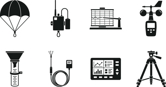 Meteorology and Weather Forecasting Science Equipment Icon Set with Anemometer, Radiosonde, Barograph, and Scientific Measuring Instrument Vectors