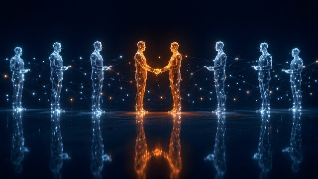 Digital business partnership concept with glowing orange wireframe figures shaking hands surrounded by blue connected professional network