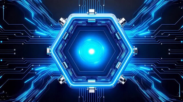 Futuristic circuit design with glowing hexagon