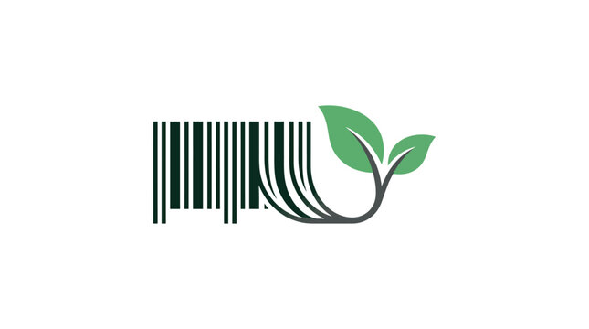 A creative logo design featuring a barcode transforming into green leaves.