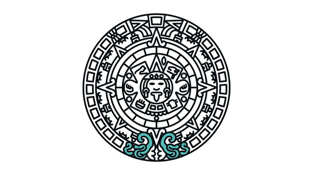 A detailed black and white line art illustration of the ancient Aztec sun stone calendar.
