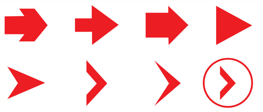 Set of eight different red arrows pointing to the right for navigation and web design interface elements on a digital page