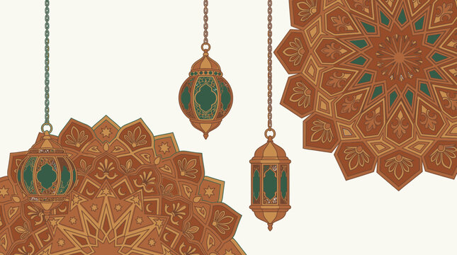 Illustrazione decorativa per il Ramadan con lanterne tradizionali appese e motivi geometrici mandala in stile arabo su sfondo chiaro, ideale per biglietti d'auguri e banner festivi.