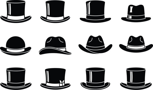 Vintage hat collection vector illustration, top hat fedora bowler cowboy silhouette icon set, isolated gentleman fashion apparel accessory, minimalist classic