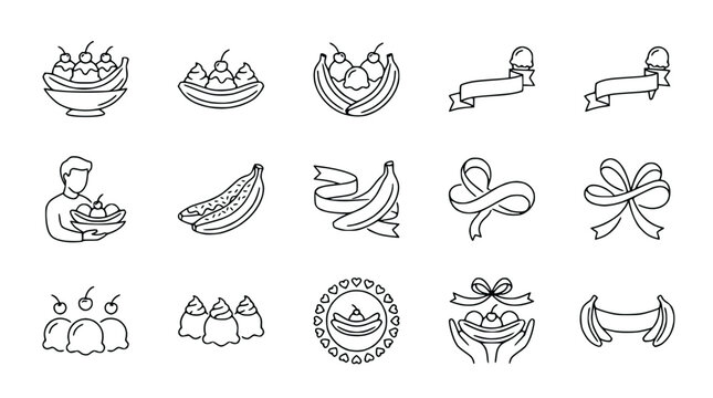Hand-Drawn Ice Cream Sundae & Banana Icons: Dessert, Food, Sweet Treats, Retro Style