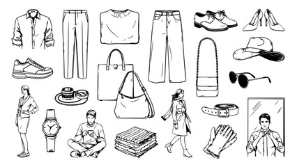 Obraz premium Fashion and Accessory Collection Illustration, Black and White Line Drawing, Vector Art Featuring Clothing, Apparel, Sketch