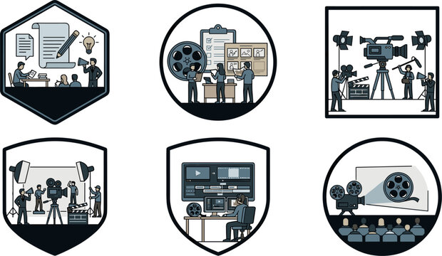 Professional Video Production and Filmmaking Process Emblem Set with Scriptwriting Preproduction Camera Shooting Digital Video Editing and Cinema Projection Badges