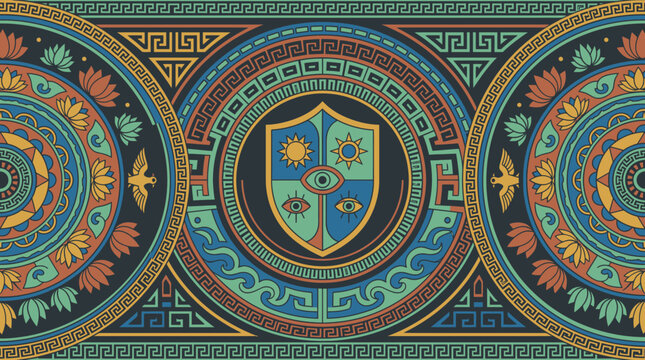 Design decorativo con motivi geometrici greci antichi, mandala circolari e uno scudo centrale con simboli solari e oculari in uno stile artistico illustrativo e colorato.