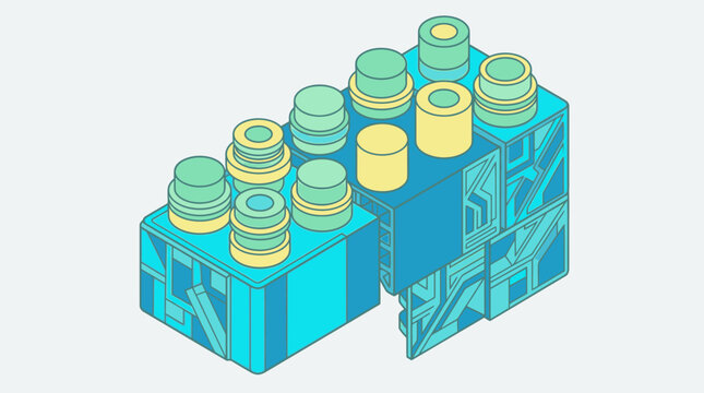 Illustrazione isometrica di blocchi di costruzione in stile tecnologico con circuiti stampati blu e dettagli in giallo pastello su sfondo neutro, ideale per concetti di innovazione digitale.