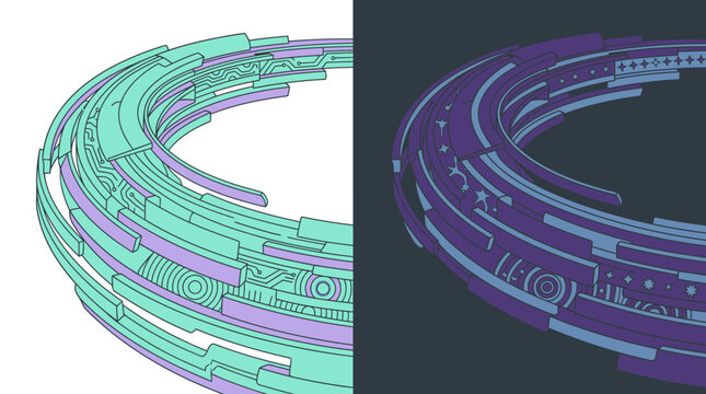 Illustrazione astratta di un anello circolare futuristico con dettagli geometrici complessi e stile tecnologico, presentato con un contrasto cromatico tra toni chiari e scuri.