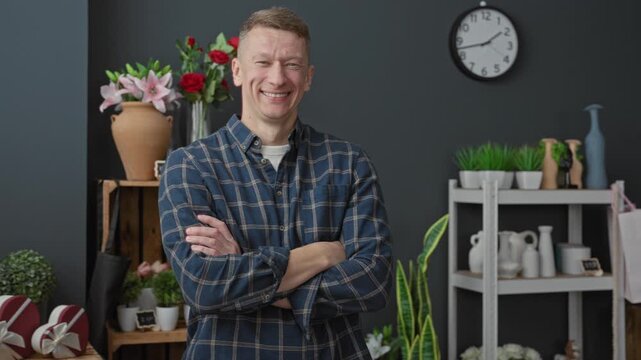 Man florist smiling with crossed arms beside flowers, lilies, vases, gift boxes and potted plants in studio; friendly small business.