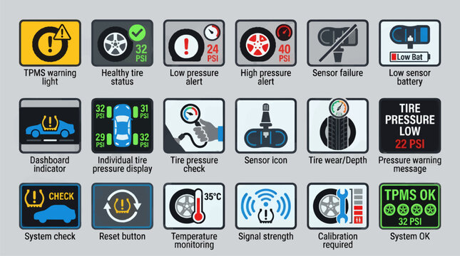 Flat Vector Icon Set for Tire Pressure Monitoring System (TPMS) Alerts and Status, Including Warning Lights, Pressure Checks, Sensor Icons, and System Status Indicators, Graphic Resource Collection