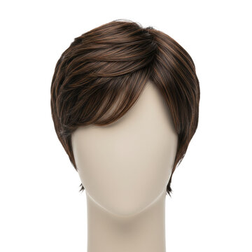 Chocolate brown short men's wig on a mannequin head with neatly styled swept-back fringe and glossy texture against a white background, premium grooming concept