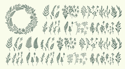 Fototapeta premium Set di elementi botanici disegnati a mano con ghirlanda floreale e rami di felce isolati su sfondo color crema per design decorativo e progetti creativi
