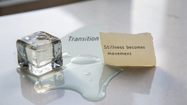 Ice cube melting on surface with handwritten note about stillness and movement during a transition in a creative concept