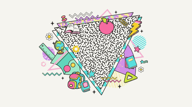 Illustrazione vettoriale in stile anni 90 con elementi scolastici e motivi geometrici astratti su sfondo chiaro, ideale per design grafici creativi e progetti educativi vintage.